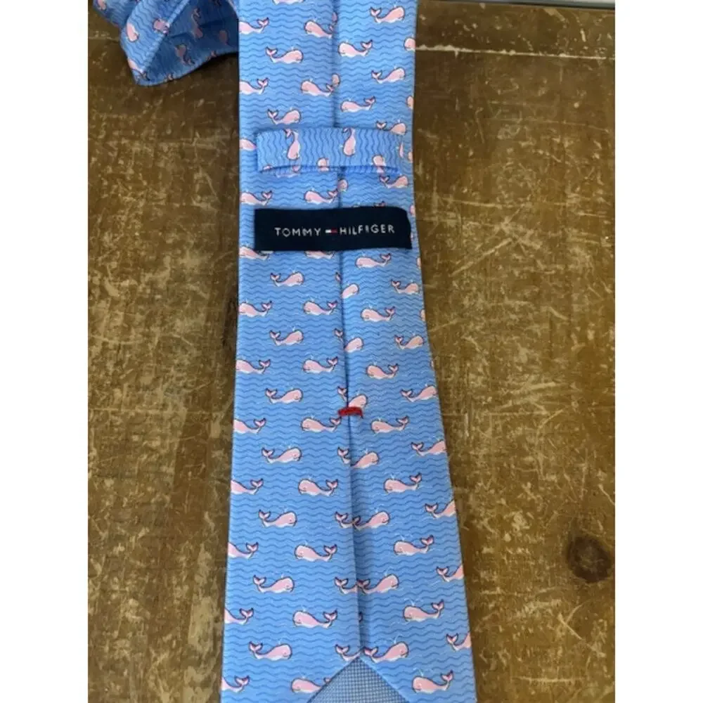 100% Silk Tie Whale Logo Nautical Preppy Light Blue and Pink Coastal